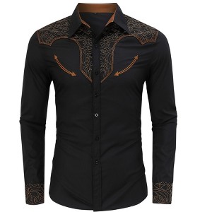 Mens T-Shirt Western Embroidered Long Sleeve Cowboy Button Down Shirt for Men - 1 of 4