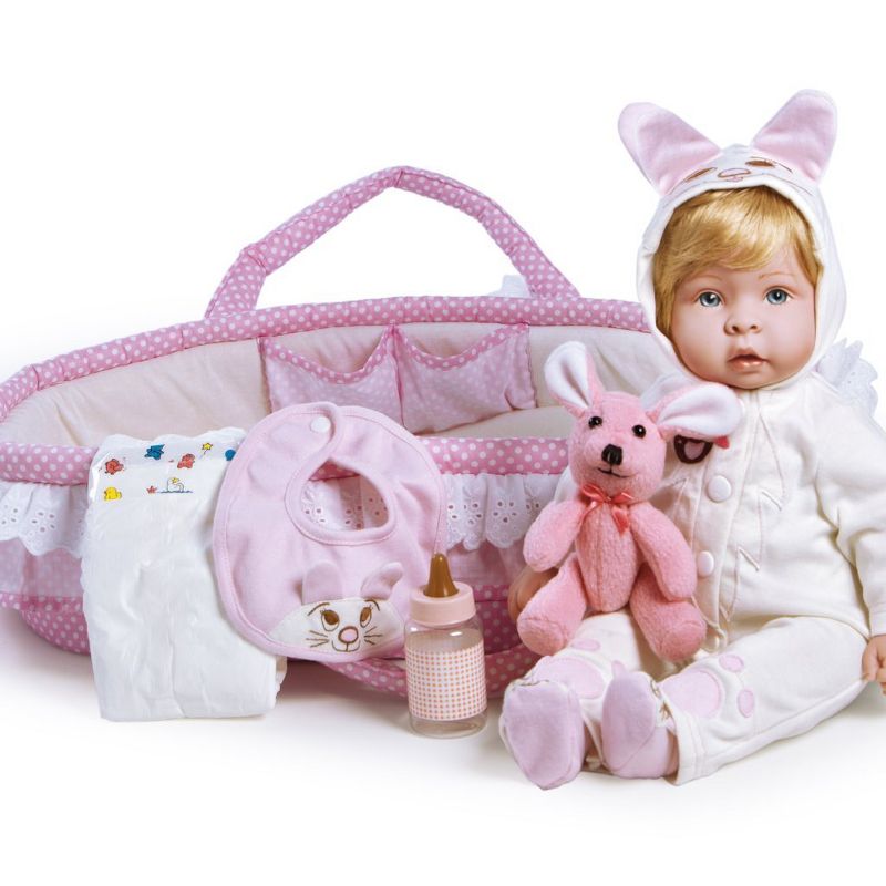 Paradise Galleries "Molly & Fluffy" Soft Baby Doll.  17" weighted baby doll comes with 8 Accessories.  Age 3+, 1 of 9