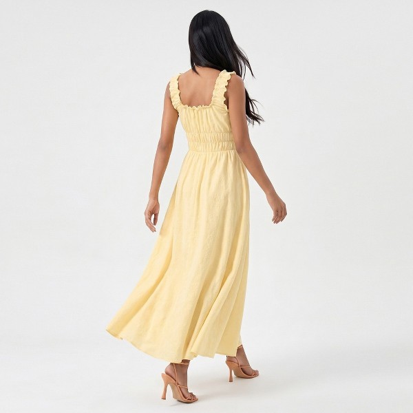 Vestido maxi con fruncido, tirantes con volantes y escote con lazo para mujer - Anna-Kaci 4