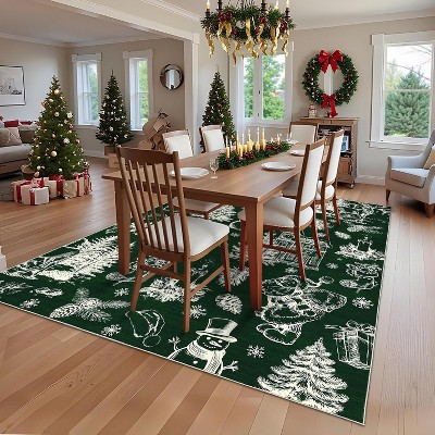 GustoWave Washable Christmas Floor Area Rug, Low Pile Christmas Printed Carpet, Green