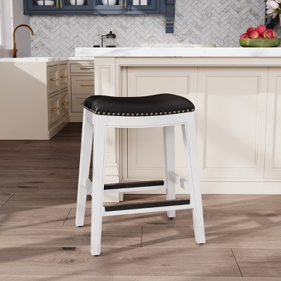 FURNIinspire Counter And Bar Stools Armless Upholstered Faux Leather Barstools, Bar Chair Without Backrest, Black And White, 17"*20.25"*26"