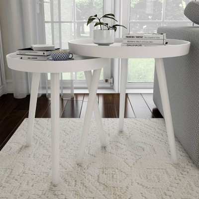 Mid-Century Modern White Round Wood Tray Top Nesting End Tables