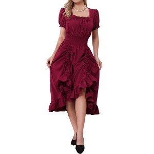INSPIRE CHIC Women's Smocked Waist Ruffle Hem Square Neck Short Puff Sleeve A-Line Midi Dresses - 1 of 4