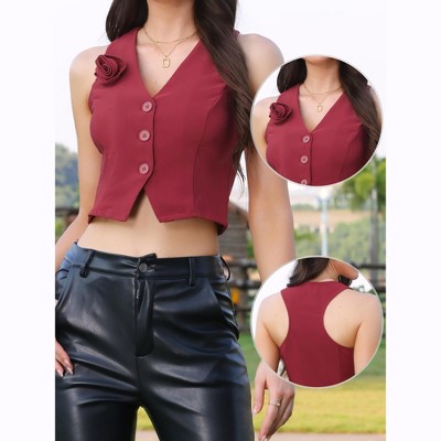 INSPIRE CHIC Women's Racerback V Neck Sleeveless Casual Tuxedo Suit Button Cropped Waistcoat X-Large Burgundy — фото 2