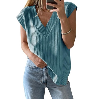 Clearlove Women's Sweater Vests V Neck Casual Ribbed Knit Sleeveless Sweater Tops Oversized Sweater Vest for Women