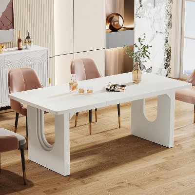 Okak Modern Large Rectangular Dining Table with Wood Pedestal Base,Minimalist Kitchen Dinner Table for Dining Room,Family Meals