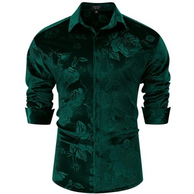 Men's Christmas Rose Print Long Sleeve Button Down Shirt Dress Wedding Party Shirt