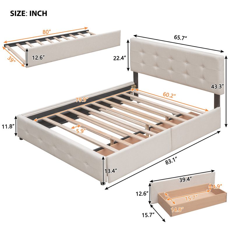 Queen Size Upholstered Storage Platform Bed with 2 Drawers and 1 Twin XL Trundle Bed-ModernLuxe, 3 of 14