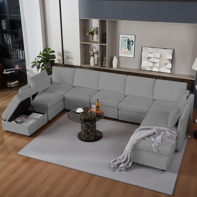 Modular Sectional Sleeper Sofa with Storage Seats and Reversible Chaise, Chenille Fabric 9-Seater Convertible Sectional Couch for Living Room