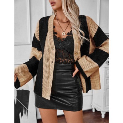 YesFashion Womens Loose Long Sleeve Cable Knitted Color Block Boho Striped Sweater Cardigans for Early Spring,Fall or Winter