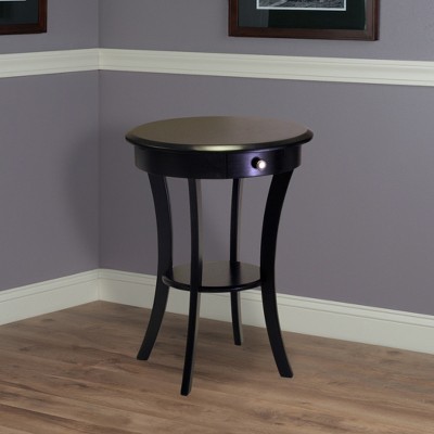 Transitional Sasha 20" Round Black Wood & Stone Table with Storage