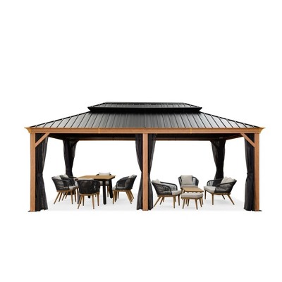 PURPLE LEAF Outdoor Hardtop Gazebo for Patio Galvanized Steel Double Roof Permanent Canopy Teak Finish Aluminum Frame Pavilion Gazebo with Netting