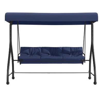 Navy Steel Frame Outdoor 3-Seat Patio Swing with Canopy and Cushions