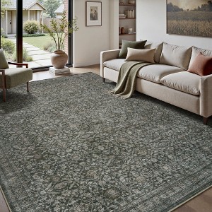MontVoo Washable Non-Slip Vintage-Inspired Area Rug Muted Green - 1 of 4