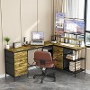 Okak 114IN Industrail L-Shaped Office Desk, Computer Desk with 6 Drawers, 3 Shelves and Movable Monitor Stands, Desk for Home, Office, Brown - 3 of 4