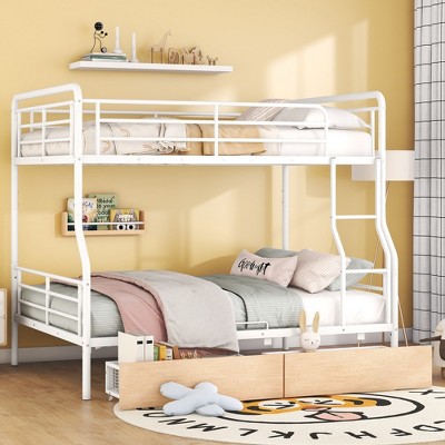 Full XL Over Queen Metal Bunk Bed with 2 Drawers