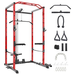 Multi-Functional Power Rack with LAT Pulldown, with Cable Pulley System and J-Hooks, with Dip Bars and Landmine Attachment, for Home Gym(Black/Red) - 1 of 4