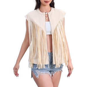 Whizmax Women's Fringe Vest 70s Denim Zip Up Jacket Hippie Sleeveless Loose Costume - 1 of 4