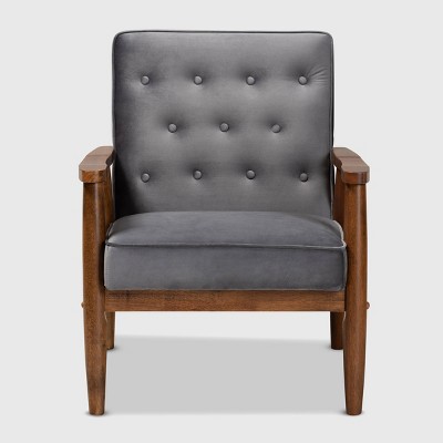 Mid-Century Modern Gray Velvet and Walnut Wood Accent Chair