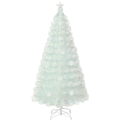 Tangkula 5/6/7FT Artificial Fiber Optic Christmas Tree White Pre-lit Xmas Tree w/ Iridescent Leaves 24/30/36 Multi-color Snowflake Lights