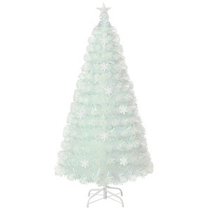 Tangkula 5/6/7FT Artificial Fiber Optic Christmas Tree White Pre-lit Xmas Tree w/ Iridescent Leaves 24/30/36 Multi-color Snowflake Lights - 1 of 4