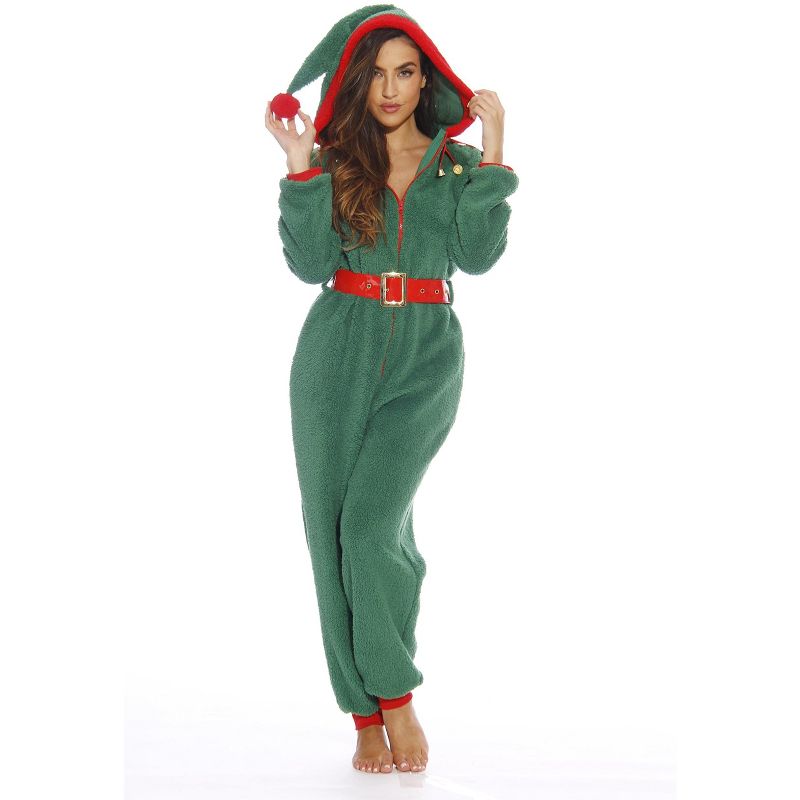 #followme Womens One Piece Christmas Themed Adult Onesie Faux Shearling Hoody Winter Pajamas, 1 of 3
