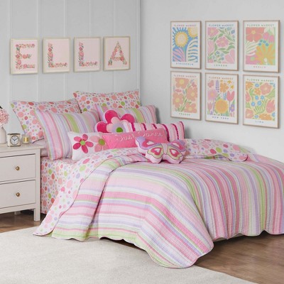 Pink and Green Striped Cotton Twin Quilt Set