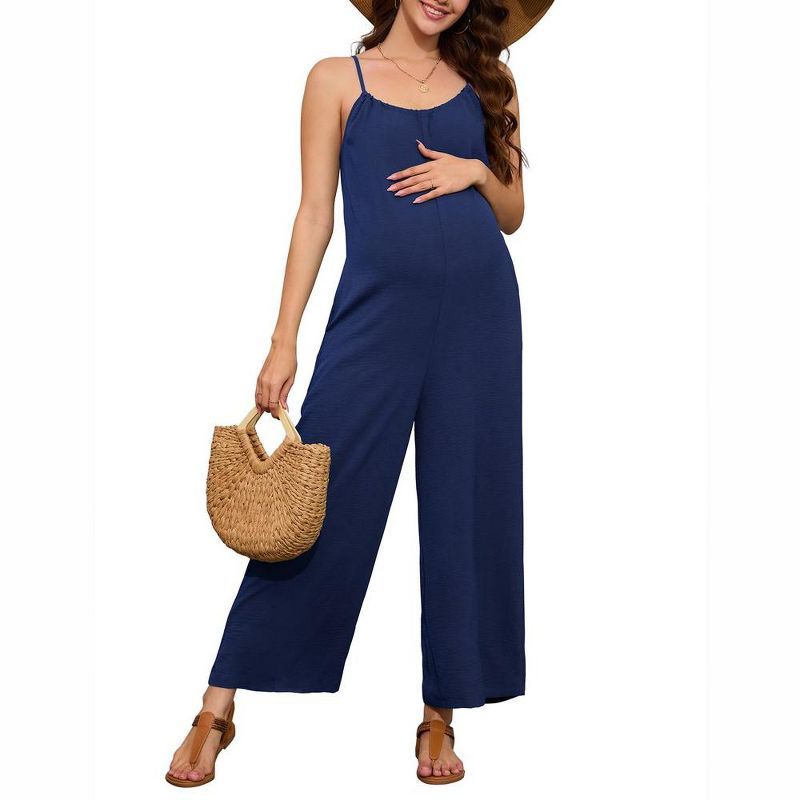 Maternity Jumpsuit Summer Sleeveless Spaghetti Strap Long Pants Wide Leg Overalls Romper with Pockets, 1 of 8