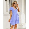 Womens Skater Dresses Sexy V Neck Short Sleeve Tie Waist Solid Ruffle Boho Flowy Swing Mini Dress - 4 of 4