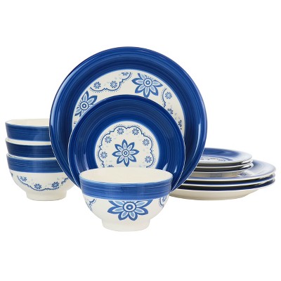 Gibson Home 12 Piece Sundial Ceramic Dinnerware Set in Blue and White