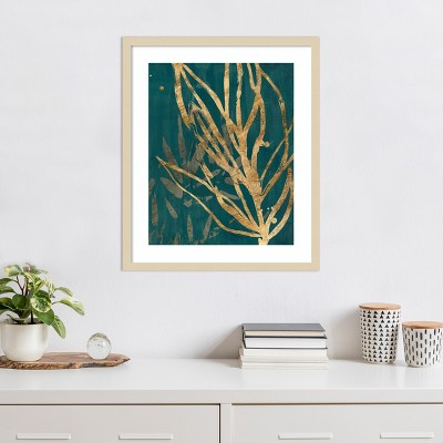 Golden Botanical Leaves on Teal Background Wood Framed Wall Art, 21 x 25 in.