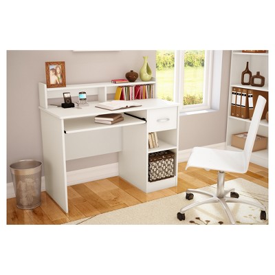 White Wood Computer Desk with Hutch and Drawer