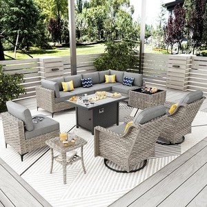 XIZZI 11-Piece Furniture Set with Rectangular Fire Pit Table, Sectional Sofa and Swivel Rocking Chairs, Furniture Set with Solar Coffee Table - 1 of 4