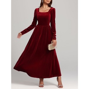 Womens Velvet Midi Dress Slim Square Neck Long Sleeve Solid Color High Waist Dress Flowy Cocktail - 1 of 4