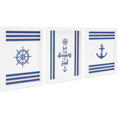 Okuna Outpost 3 Pack Nautical Nursery Home Wall Décor, "Let Your Dreams Set Sail" (10 x 8 In)