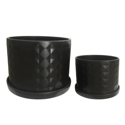 Sagebrook Home Set of 2 Ceramic Planters - 10" & 12" Black Planters on Saucers - Contemporary Diamond Design For Indoor or Outdoor Plants, Succulents