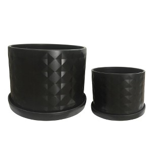 Sagebrook Home Set of 2 Ceramic Planters - 10" & 12" Black Planters on Saucers - Contemporary Diamond Design For Indoor or Outdoor Plants, Succulents - 1 of 4