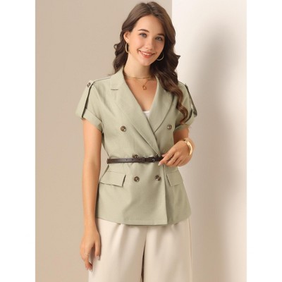 INSPIRE CHIC Women's Summer Short Sleeve Double Breasted Work Blazer with Belt Light Brown Medium — фото 4