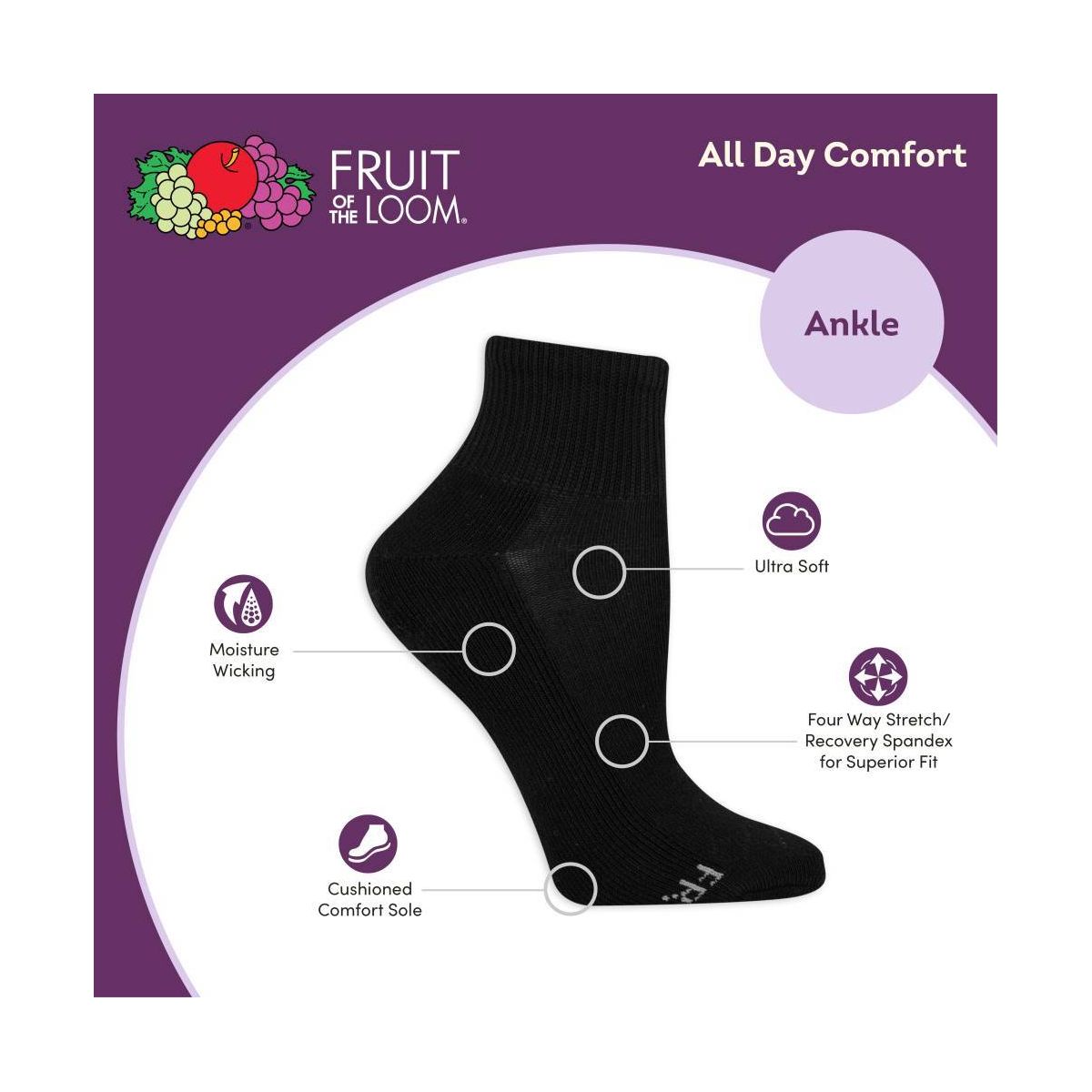 Fruit of the Loom Women's Cushioned 6pk Ankle Athletic Socks 4-10 - thumbnail 4