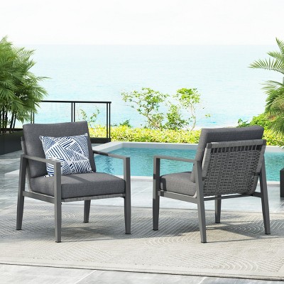 Outdoor Patio Aluminum Lounge Chair,Upholstered Dining Chair With Aluminum Frame,Rope Woven Backrest Armrest Side Chair-Coolbibila