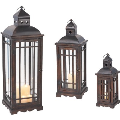 VIP Glass 37.5 in. Brown Traditional Lantern Candle Holders Set of 3