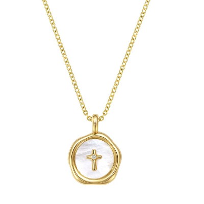 Molenia Small Cross Necklace Religious Gift for Women, Mother of Pearl Pendant 925 Sterling Silver 18"+2", Baptism First Communion Confirmation Gift
