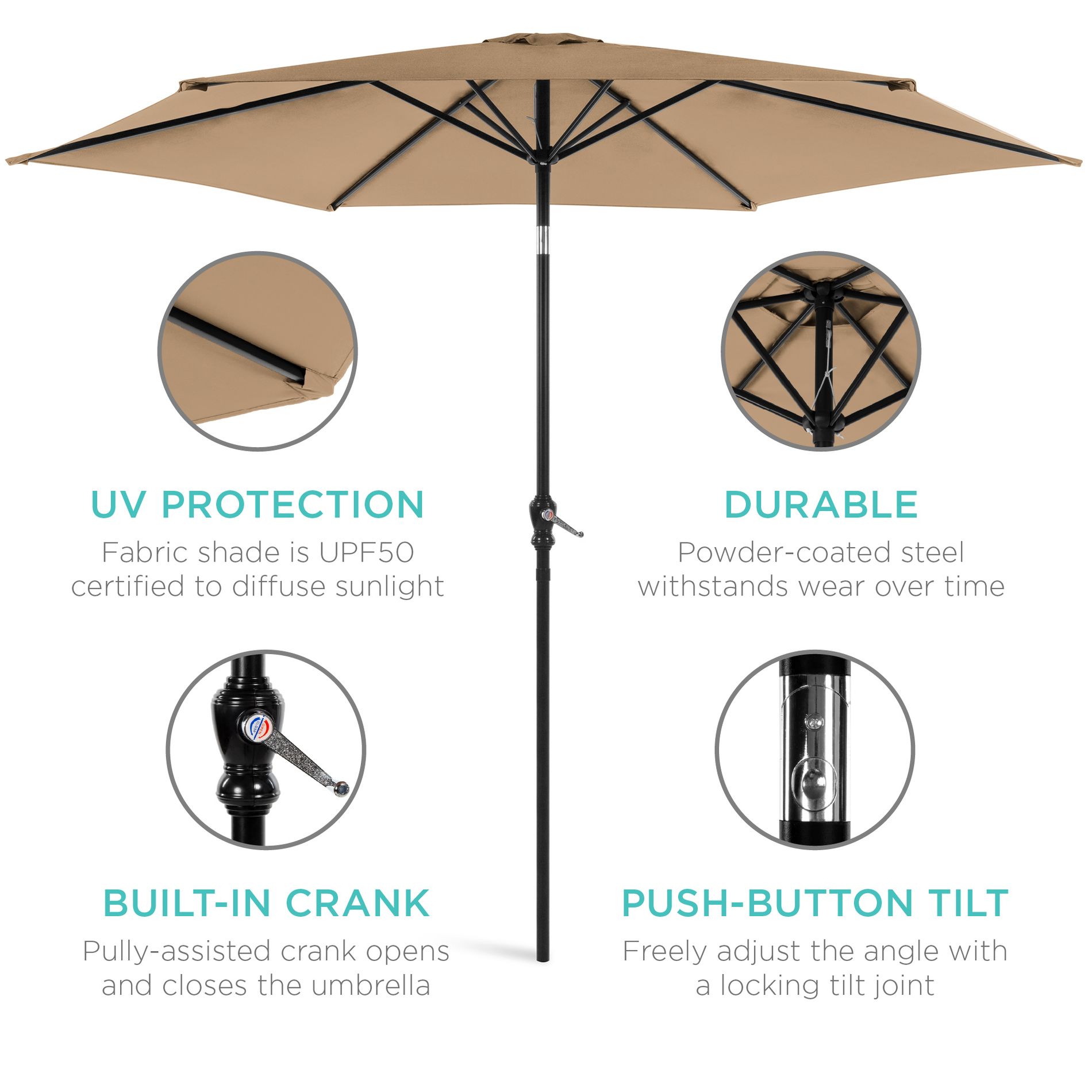 Best Choice Products 10ft Outdoor Steel Market Patio Umbrella – Crank & Tilt, 6 Ribs, Available in Striped, Woodgrain, or Solid Steel Pattern