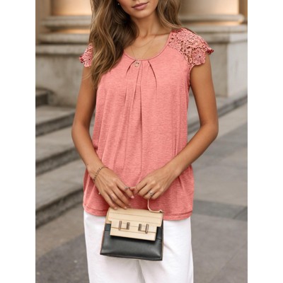 Women's Lace Top Pleated Short Sleeve Flowy Blouse Summer Loose Business Casual Dressy Shirts