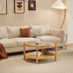 ACEPANO 26.78 in. W Modern Round Double-Layer Bamboo Rattan Coffee Table with Glass Top & PVC Rattan Storage Shelf-Natural - 1 of 4