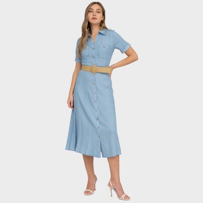 August Sky Women's Belted Patch Pockets Shirt Dress