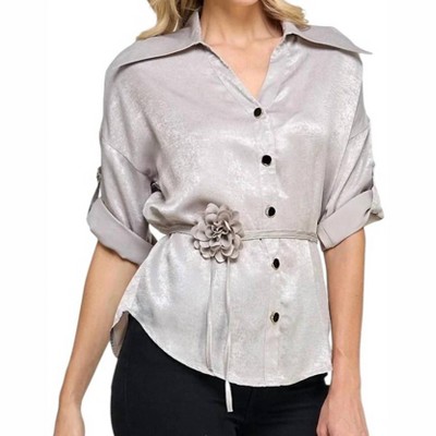 Women's Liz Button-Down Blouse with Rosette Sash - Pastel Design