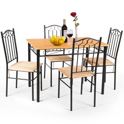 Costway 5 PC Dining Set Wood Metal 30" Table and 4 Chairs Black Kitchen Breakfast Furniture