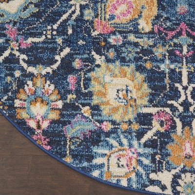 Bohemian Navy Floral Round Synthetic Area Rug - 5'3"