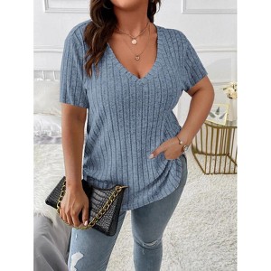 Women's Plus Size Casual Tops V Neck Solid Color Shirts Lightweight Short Sleeve Blouses - 1 of 1